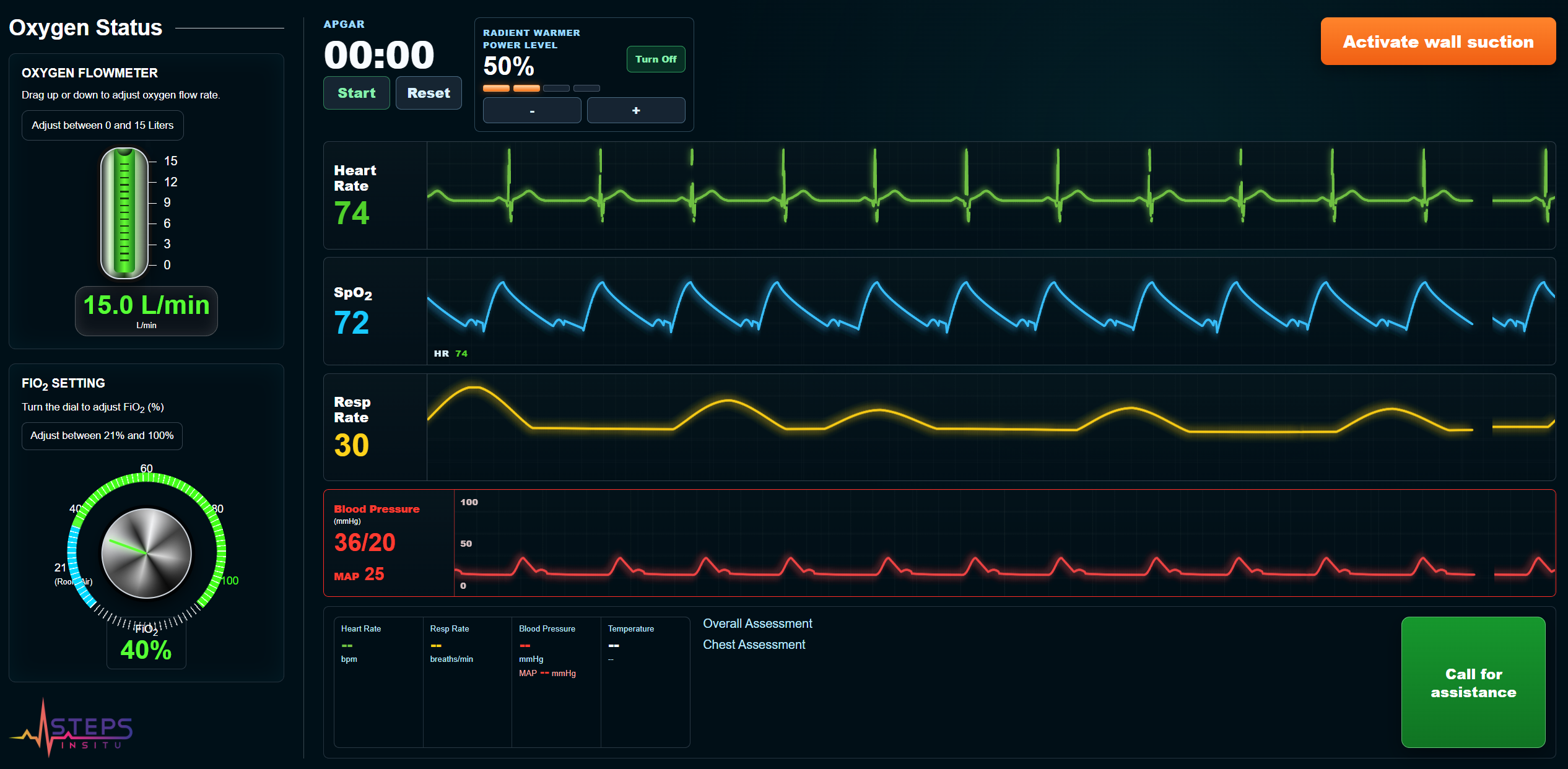Steps InSitu learner-facing bedside monitor during the pneumothorax scenario