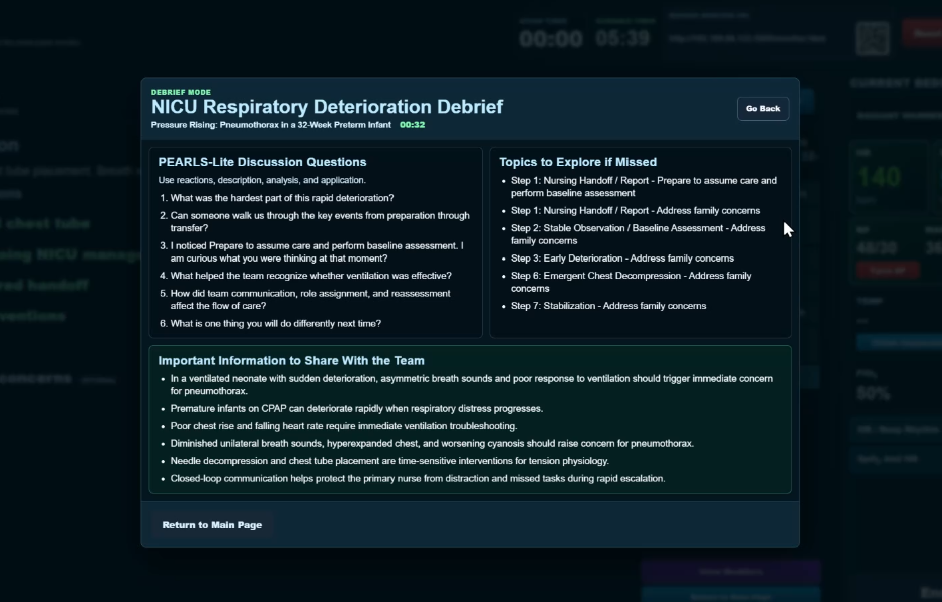 Steps InSitu structured clinical simulation debrief screen